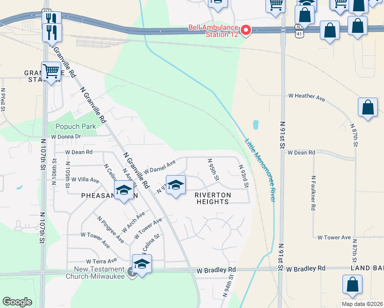 map of restaurants, bars, coffee shops, grocery stores, and more near 9612 West Darnel Avenue in Milwaukee