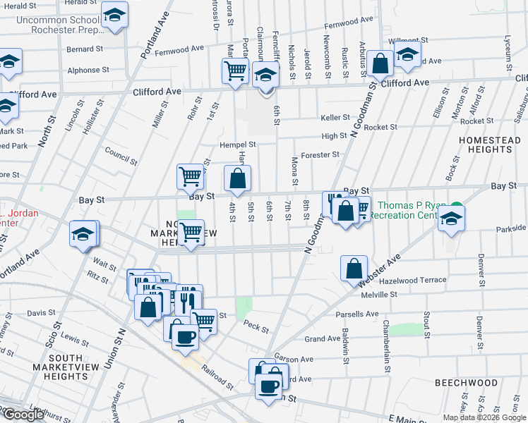 map of restaurants, bars, coffee shops, grocery stores, and more near 173 6th Street in Rochester