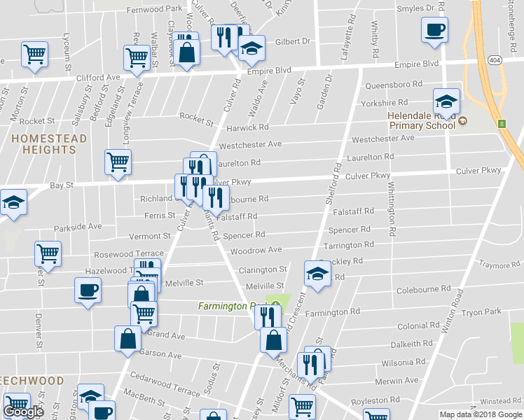 map of restaurants, bars, coffee shops, grocery stores, and more near 116 Falstaff Road in Rochester