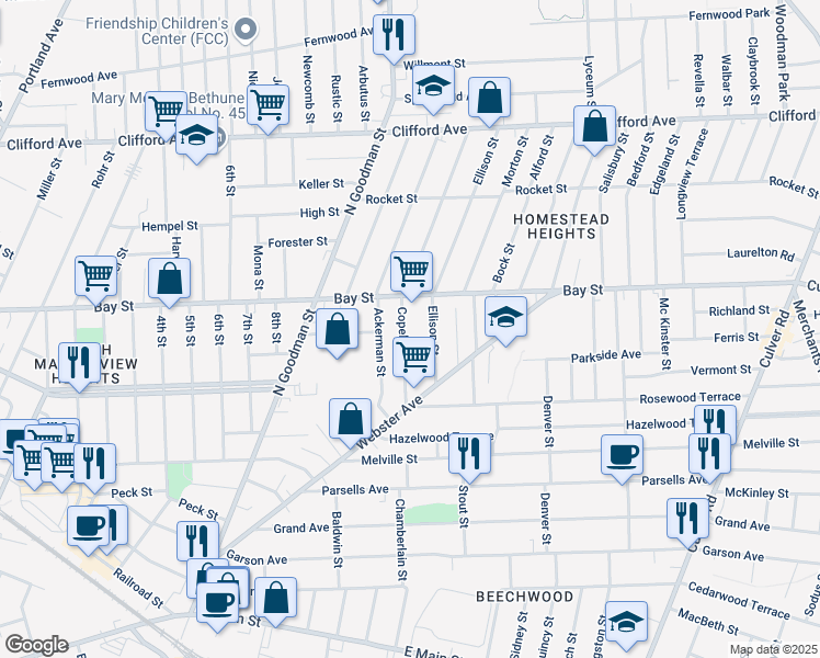 map of restaurants, bars, coffee shops, grocery stores, and more near 108 Copeland Street in Rochester