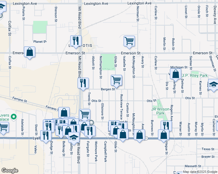 map of restaurants, bars, coffee shops, grocery stores, and more near 280 Sunset Street in Rochester