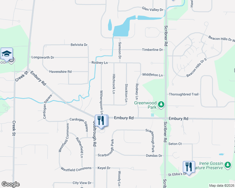 map of restaurants, bars, coffee shops, grocery stores, and more near 94 Hitchcock Lane in Rochester
