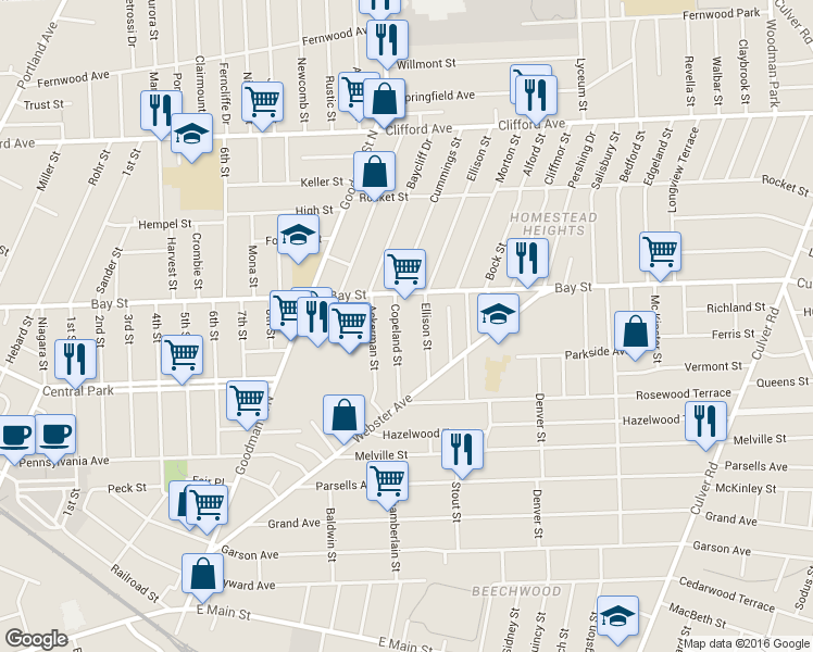 map of restaurants, bars, coffee shops, grocery stores, and more near 97 Copeland Street in Rochester
