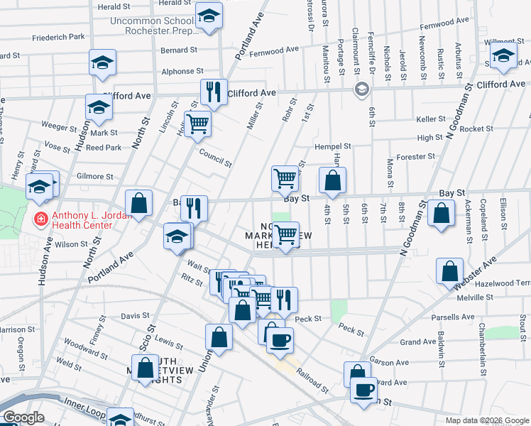 map of restaurants, bars, coffee shops, grocery stores, and more near 54 Niagara Street in Rochester
