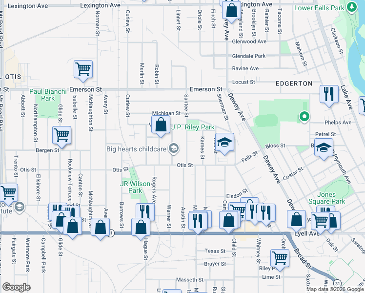 map of restaurants, bars, coffee shops, grocery stores, and more near 47 Santee Street in Rochester