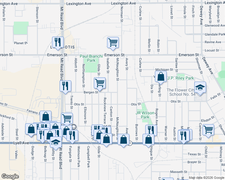 map of restaurants, bars, coffee shops, grocery stores, and more near 22 Bergen Street in Rochester