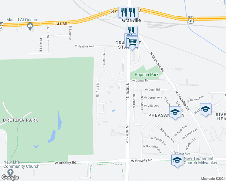 map of restaurants, bars, coffee shops, grocery stores, and more near 10851 West Donna Drive in Milwaukee