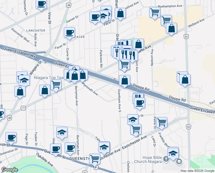map of restaurants, bars, coffee shops, grocery stores, and more near 14 Elmwood Avenue in St. Catharines