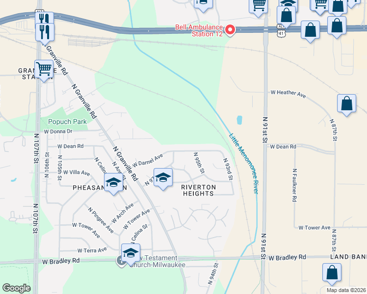 map of restaurants, bars, coffee shops, grocery stores, and more near 9612 West Darnel Avenue in Milwaukee