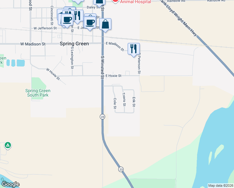 map of restaurants, bars, coffee shops, grocery stores, and more near 714 Travis Street in Spring Green