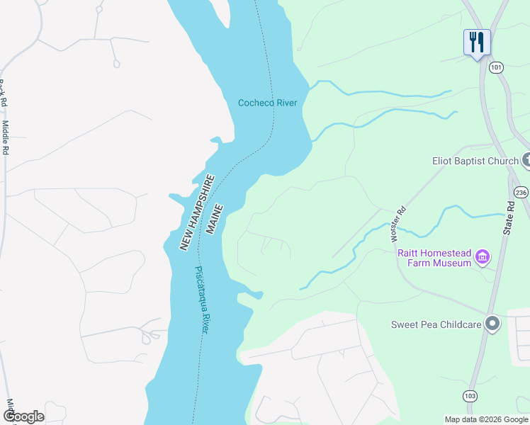 map of restaurants, bars, coffee shops, grocery stores, and more near 39 Houde Rd in Eliot