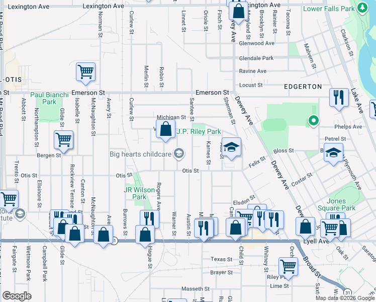 map of restaurants, bars, coffee shops, grocery stores, and more near 47 Santee Street in Rochester