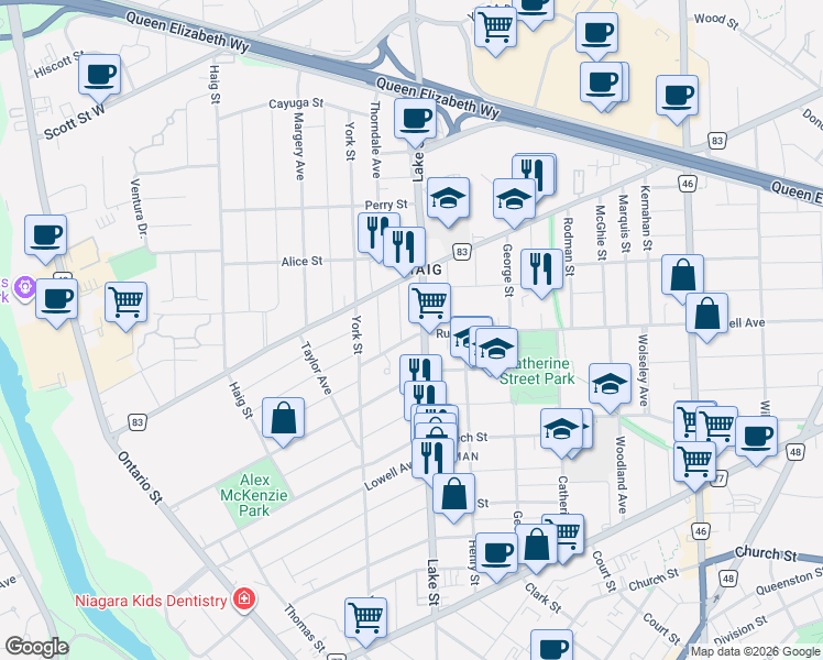 map of restaurants, bars, coffee shops, grocery stores, and more near 29 Russell Avenue in St. Catharines