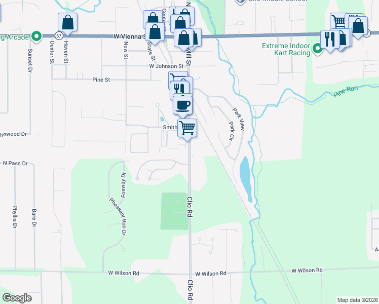 map of restaurants, bars, coffee shops, grocery stores, and more near South Mill Street in Clio