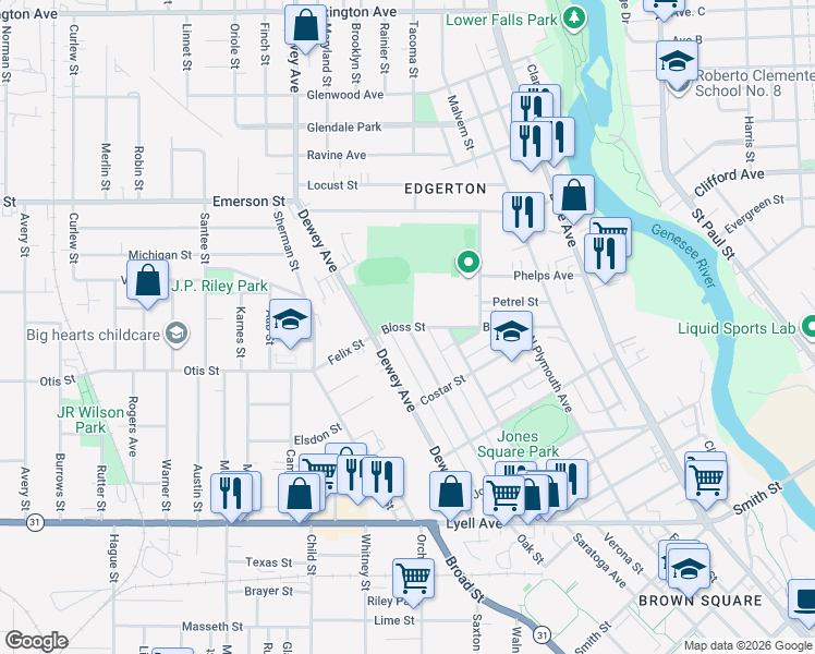 map of restaurants, bars, coffee shops, grocery stores, and more near Bloss Street & Parkway in Rochester