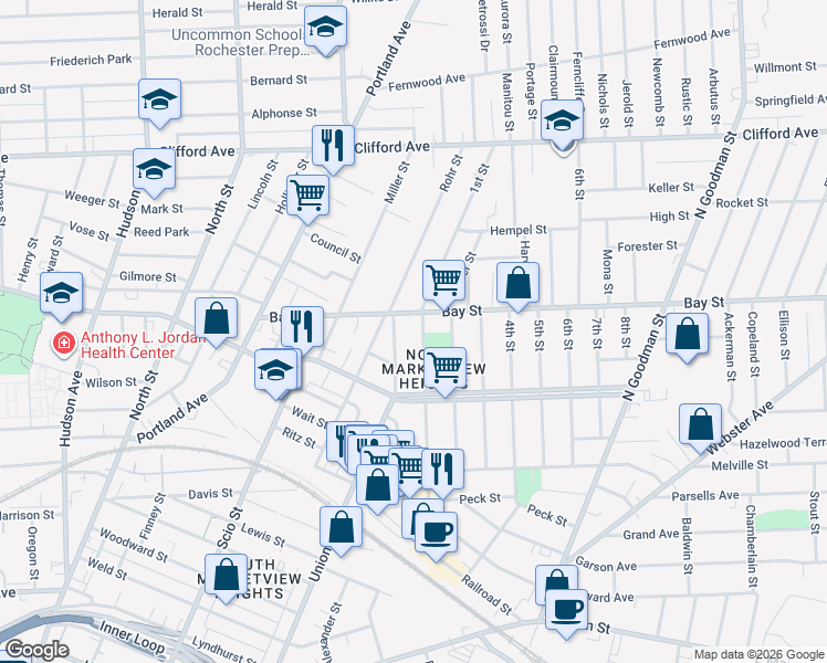 map of restaurants, bars, coffee shops, grocery stores, and more near 54 Niagara Street in Rochester