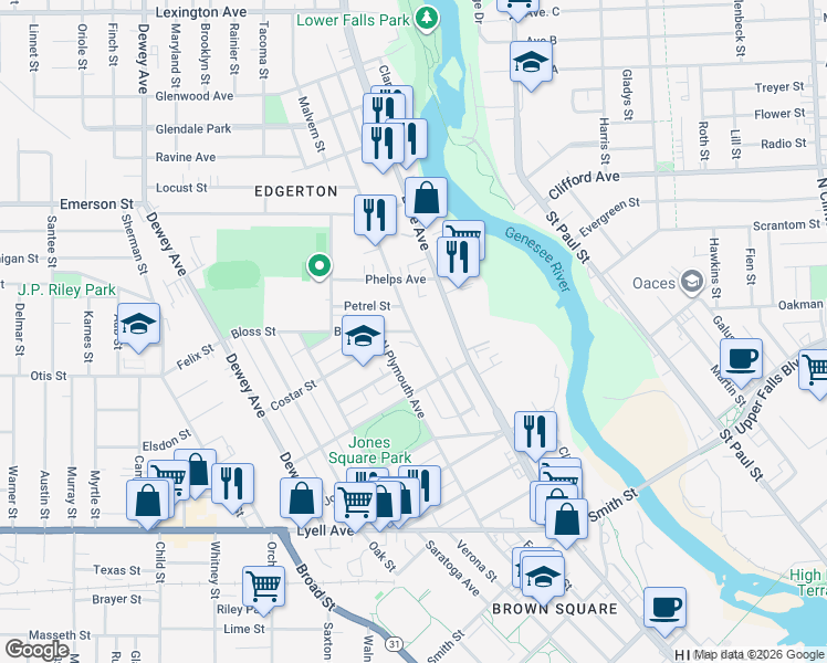 map of restaurants, bars, coffee shops, grocery stores, and more near Fulton Ave & Bloss St in Rochester