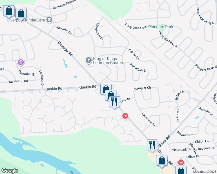 map of restaurants, bars, coffee shops, grocery stores, and more near 8266 Warbler Way in Liverpool