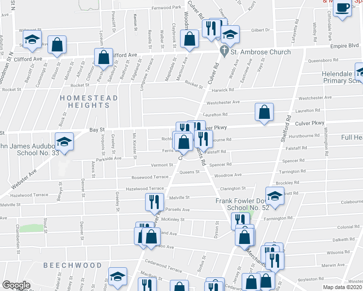 map of restaurants, bars, coffee shops, grocery stores, and more near 1348 Culver Road in Rochester
