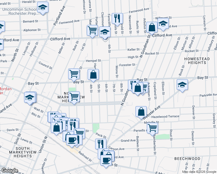 map of restaurants, bars, coffee shops, grocery stores, and more near 129 7th Street in Rochester