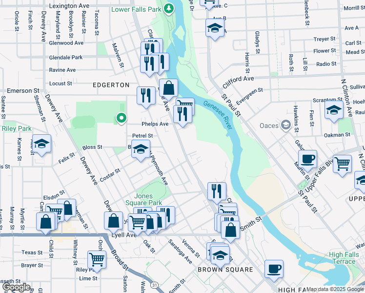 map of restaurants, bars, coffee shops, grocery stores, and more near 52 Fulton Avenue in Rochester