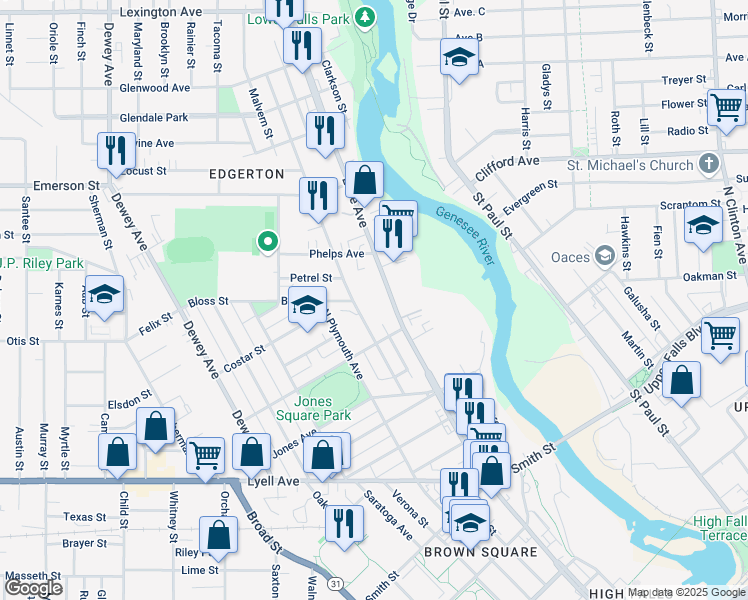 map of restaurants, bars, coffee shops, grocery stores, and more near 52 Fulton Avenue in Rochester