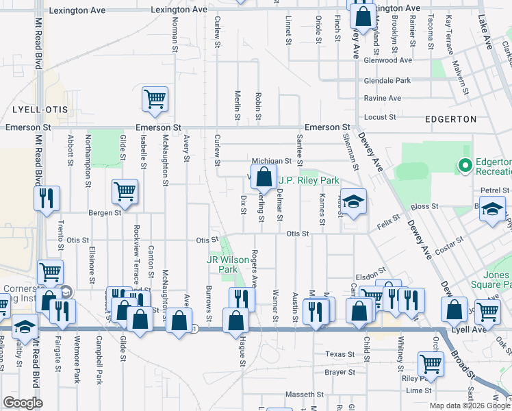 map of restaurants, bars, coffee shops, grocery stores, and more near 49 Sterling Street in Rochester