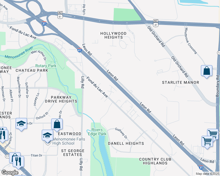 map of restaurants, bars, coffee shops, grocery stores, and more near N83W13606 Fond du Lac Avenue in Menomonee Falls