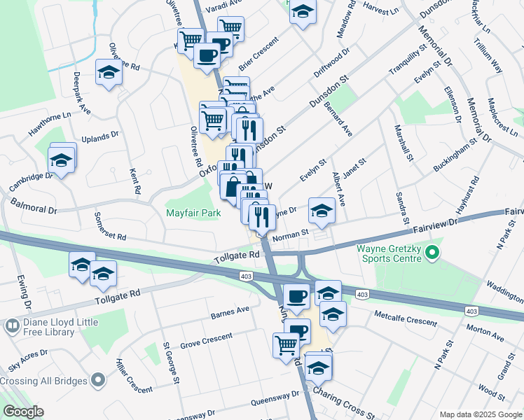 map of restaurants, bars, coffee shops, grocery stores, and more near 136 King George Road in Brantford