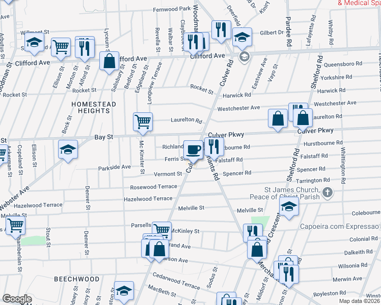 map of restaurants, bars, coffee shops, grocery stores, and more near 1357 Culver Road in Rochester