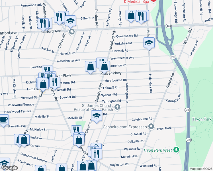 map of restaurants, bars, coffee shops, grocery stores, and more near 275 Falstaff Road in Rochester