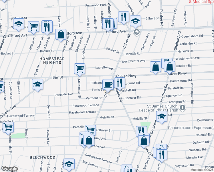 map of restaurants, bars, coffee shops, grocery stores, and more near 1348 Culver Road in Rochester