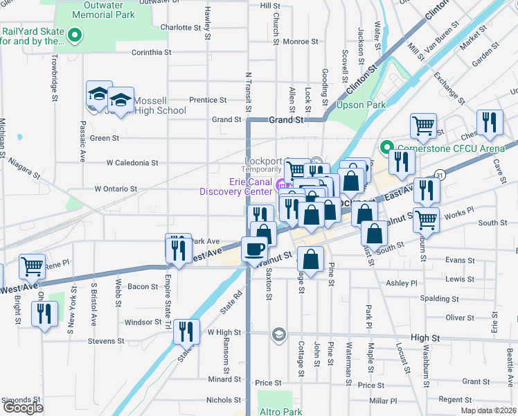 map of restaurants, bars, coffee shops, grocery stores, and more near 43 Niagara Street in Lockport