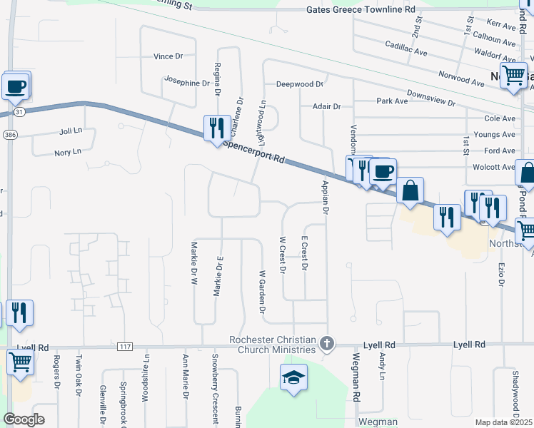map of restaurants, bars, coffee shops, grocery stores, and more near 47 West Crest Drive in Rochester