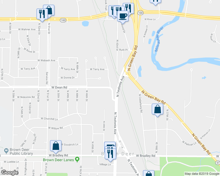 map of restaurants, bars, coffee shops, grocery stores, and more near 4363 West Dean Road in Milwaukee
