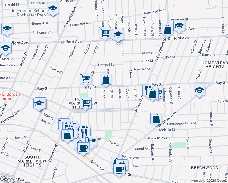 map of restaurants, bars, coffee shops, grocery stores, and more near 173 6th Street in Rochester