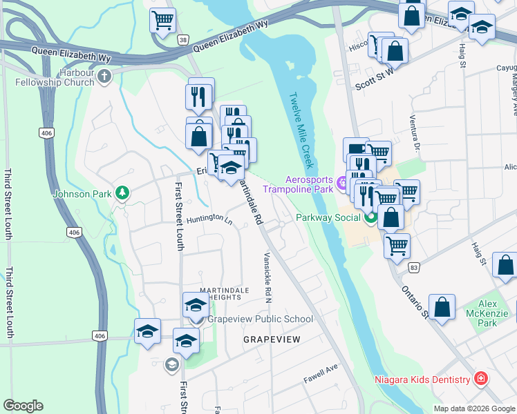map of restaurants, bars, coffee shops, grocery stores, and more near 9 Sutton Court in St. Catharines