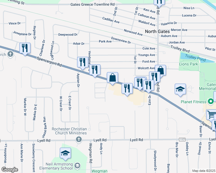 map of restaurants, bars, coffee shops, grocery stores, and more near 168 Gates Manor Drive in Gates-North Gates