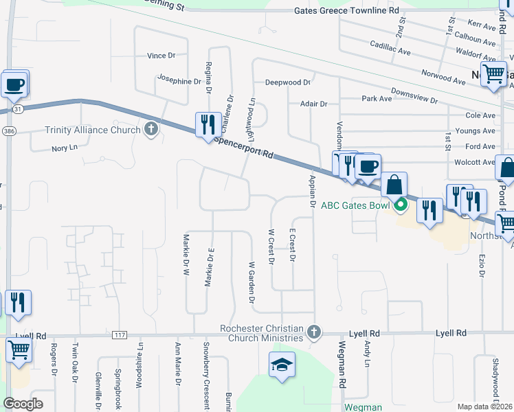 map of restaurants, bars, coffee shops, grocery stores, and more near 47 West Crest Drive in Rochester
