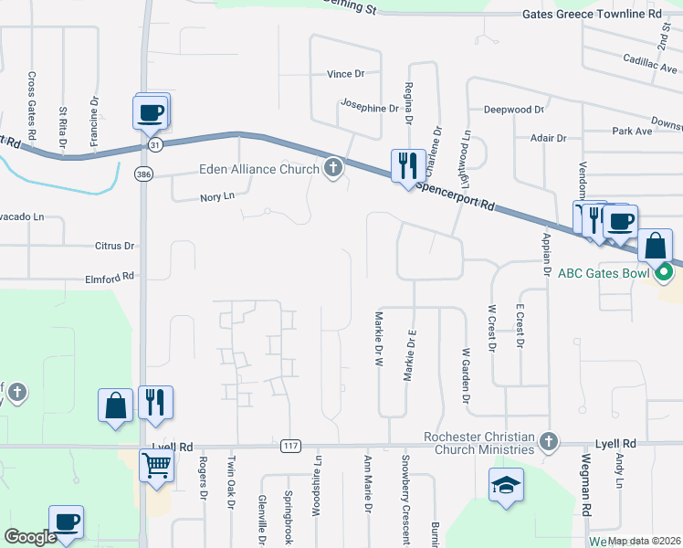 map of restaurants, bars, coffee shops, grocery stores, and more near 60 Atwood Drive in Rochester