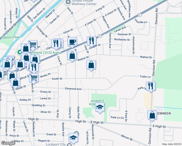 map of restaurants, bars, coffee shops, grocery stores, and more near 440 South Street in Lockport