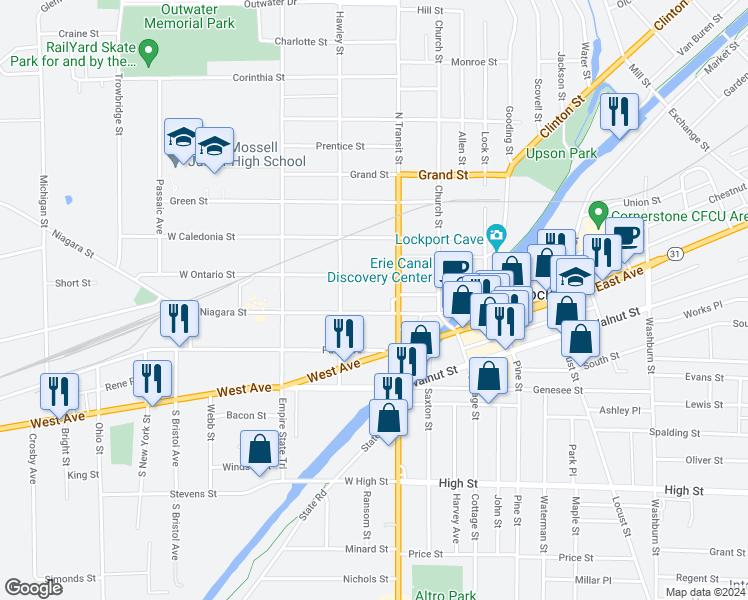 map of restaurants, bars, coffee shops, grocery stores, and more near 82 Niagara Street in Lockport