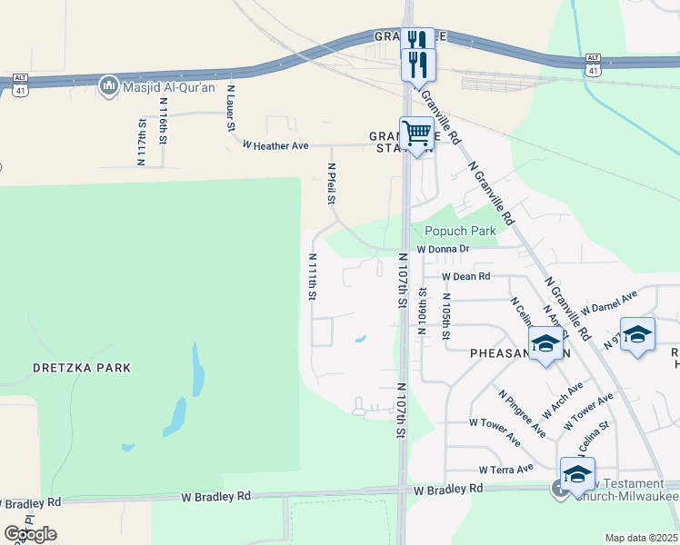 map of restaurants, bars, coffee shops, grocery stores, and more near 10851 West Donna Drive in Milwaukee