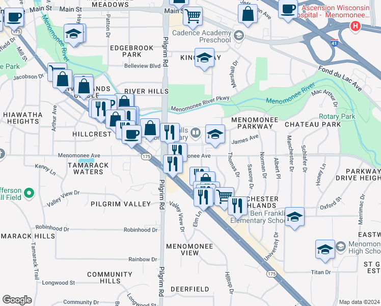 map of restaurants, bars, coffee shops, grocery stores, and more near N84W15391 Menomonee Avenue in Menomonee Falls