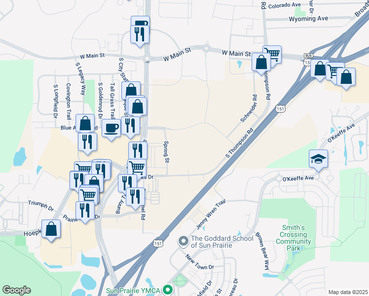 map of restaurants, bars, coffee shops, grocery stores, and more near 3392 Brooks Drive in Sun Prairie