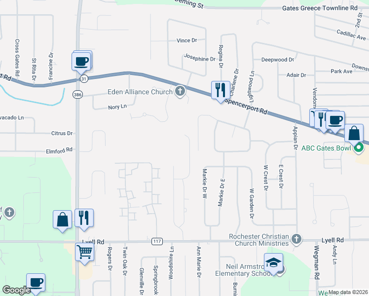 map of restaurants, bars, coffee shops, grocery stores, and more near 60 Atwood Drive in Rochester