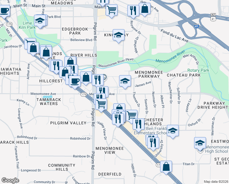 map of restaurants, bars, coffee shops, grocery stores, and more near N84W15391 Menomonee Avenue in Menomonee Falls