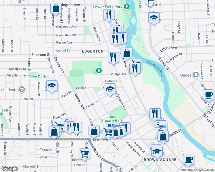 map of restaurants, bars, coffee shops, grocery stores, and more near 86 Bloss Street in Rochester