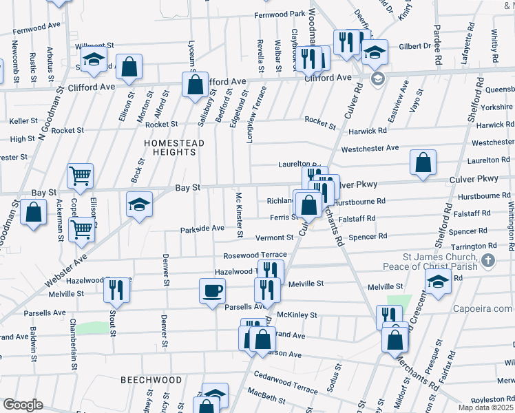 map of restaurants, bars, coffee shops, grocery stores, and more near 22 Varden Street in Rochester