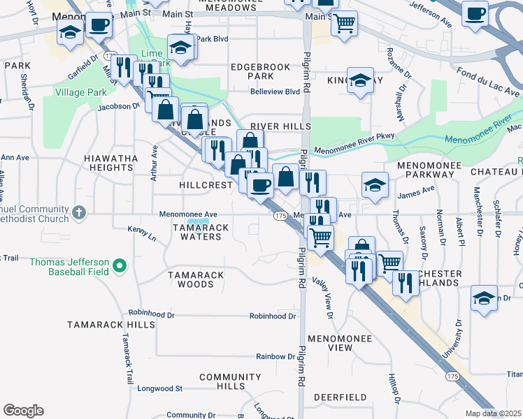 map of restaurants, bars, coffee shops, grocery stores, and more near 15825 Appleton Avenue in Menomonee Falls